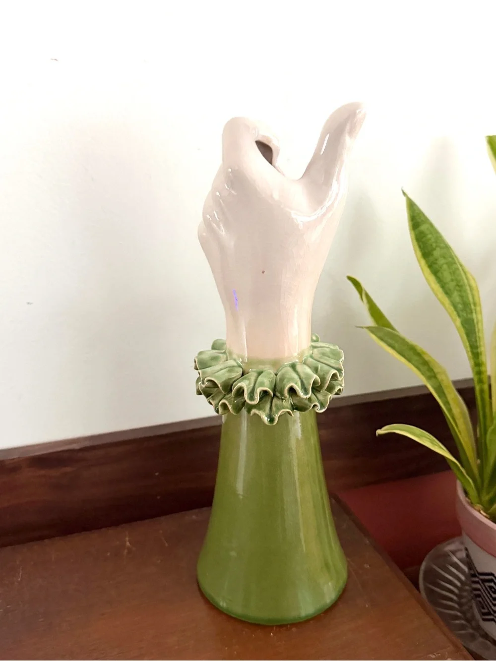 Vintage Green Ruffle Sleeve Ceramic Hand Vase Kitschy Mid Century Decor Coquette